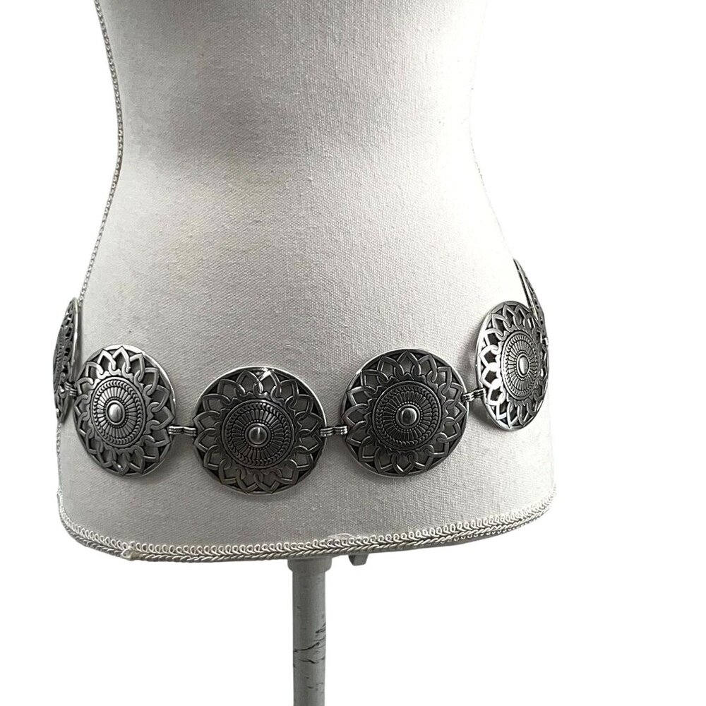 Black Faux Leather Concho Belt Womens 4/6? Boho Southwest Silver Tone Used Y2K - Picture 16 of 16